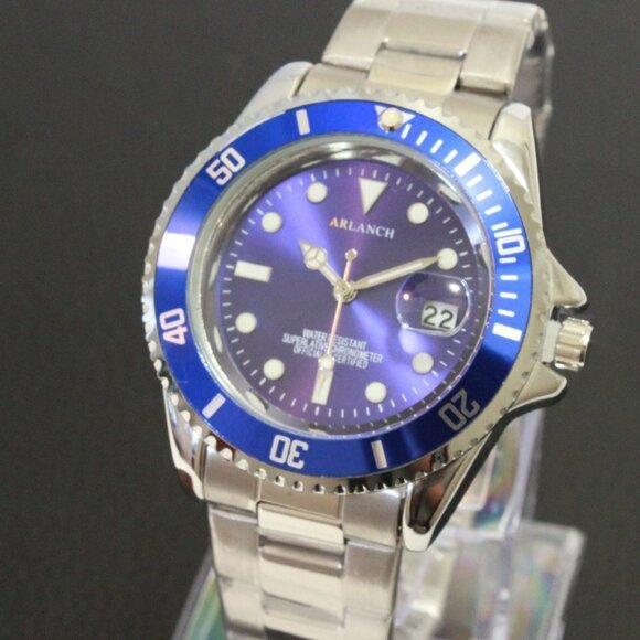 Men's Diver Style Watch Blue Uni-directional Bezel Stainless Bracelet 40mm - Picture 7 of 14